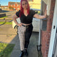 Miss matched caramel tartan and black tapered leg trousers