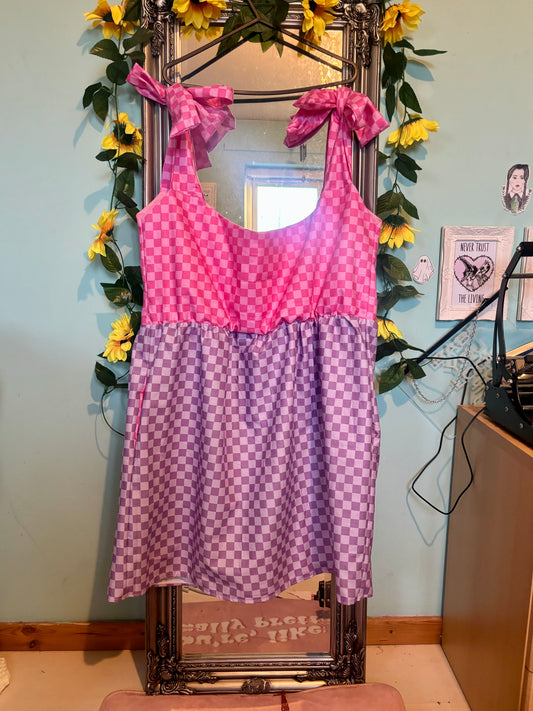Baby doll dress - Miss Matched Pint and Purple Checkerboard fabric - scoop neck and added elastic