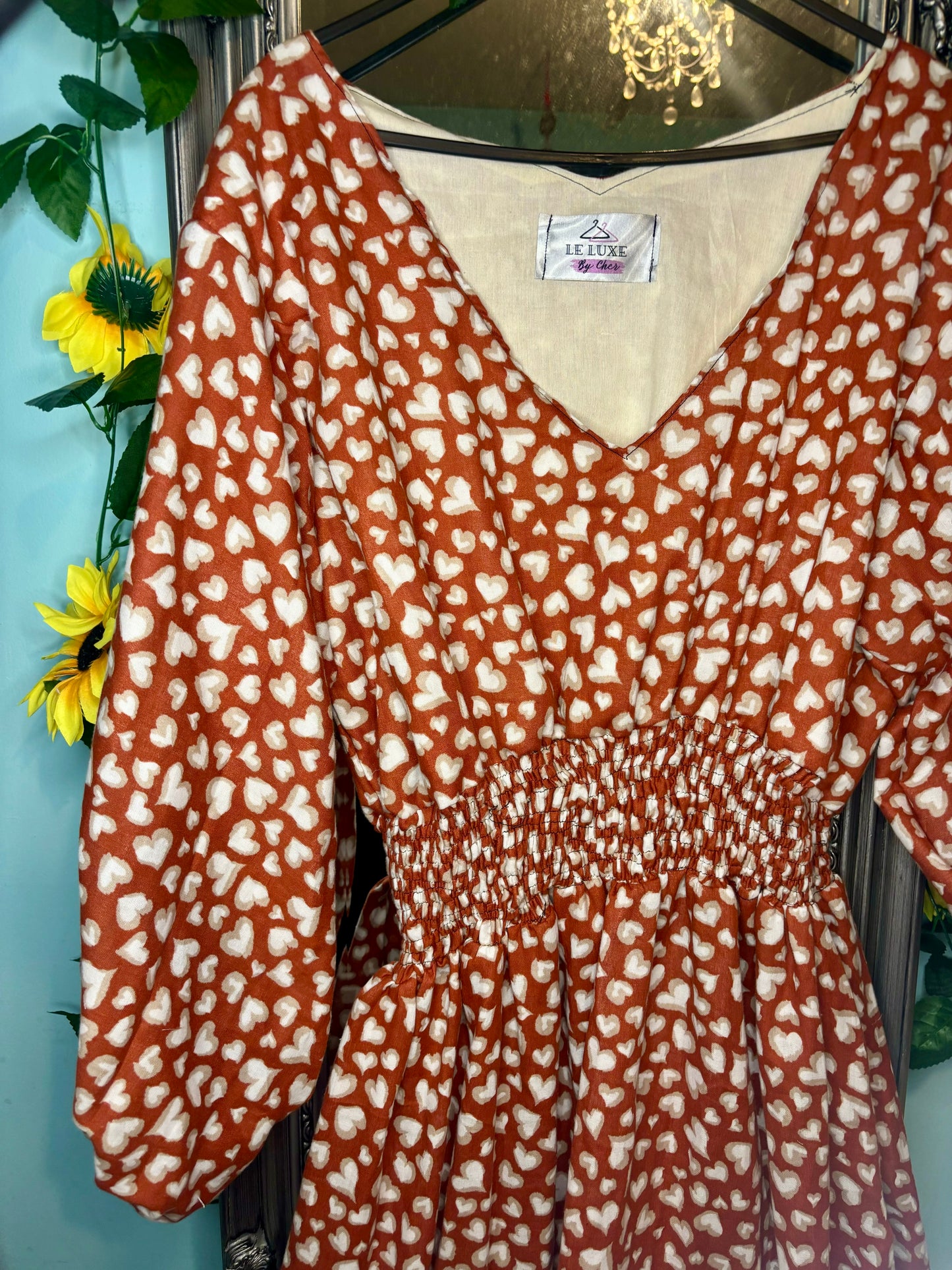 V Neck Shirred Waistline Midi Dress - Rusted Hearts Cotton fabric