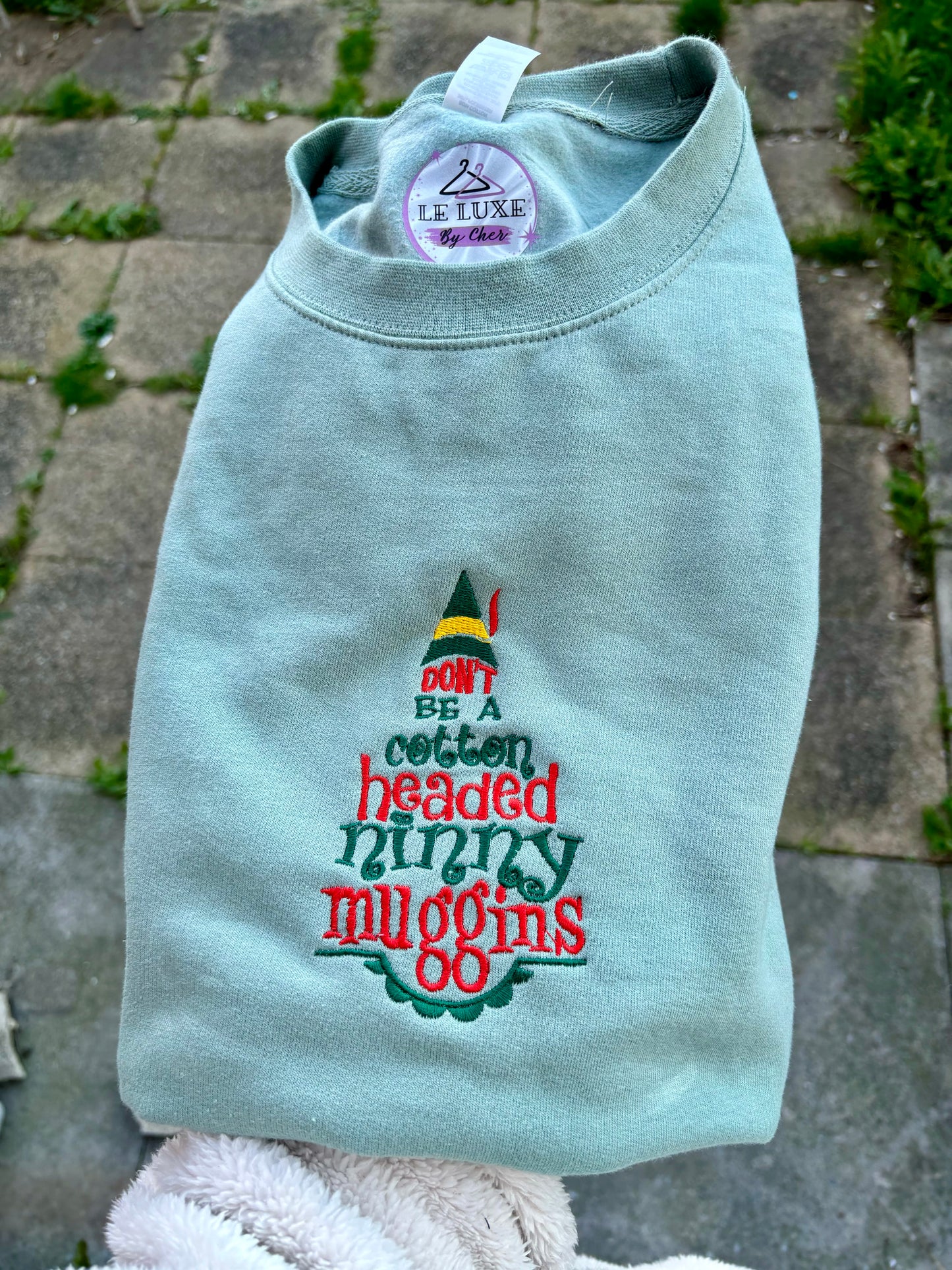 Ninny Muggins - Elf Embroidered T-shirt, Sweatshirt or Hoodie. Dusky Green