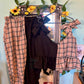 DISCOUNTED Three piece set caramel tartan mismatched tapered leg trousers, top and bow