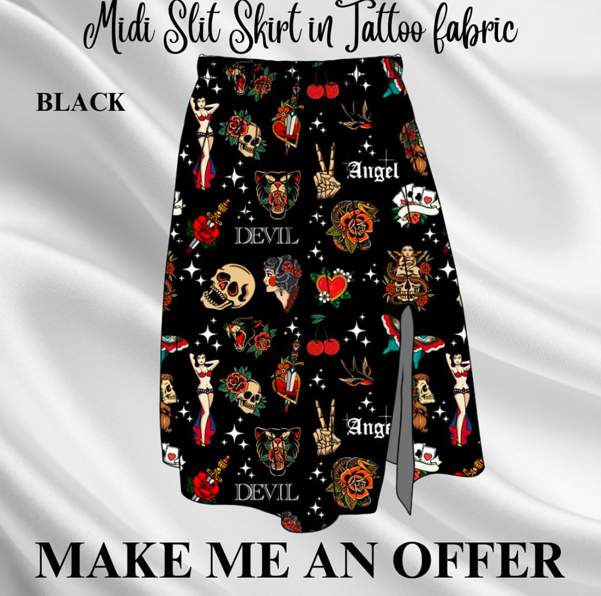 Custom order for Lucy - black midi skirt in tattoo fabric