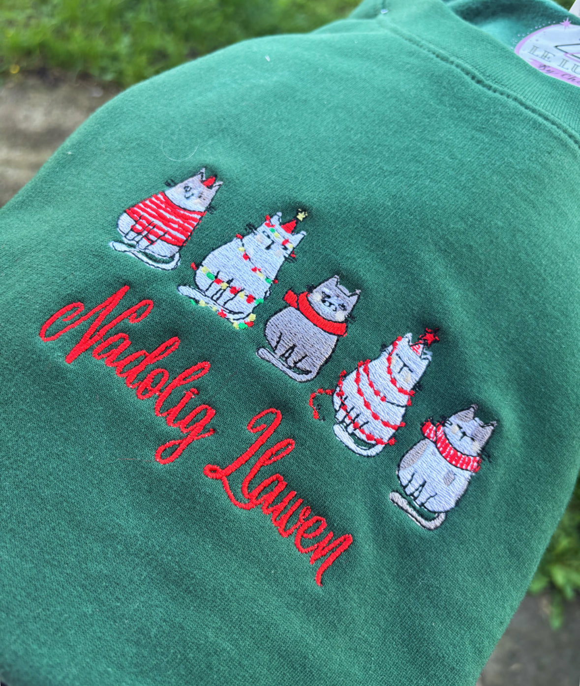 Christmas Cats Embroidered T-shirt, Sweatshirt or Hoodie. Bottle Green. WITHOUT TEXT. If you would like “Nadolig Llawen” let me know in the notes