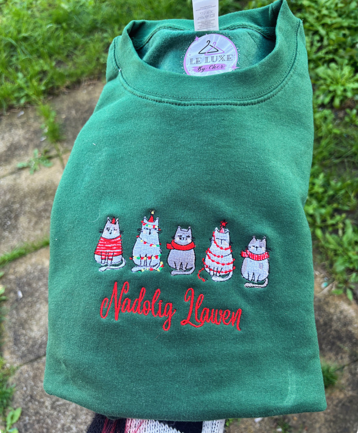 Christmas Cats Embroidered T-shirt, Sweatshirt or Hoodie. Bottle Green. WITHOUT TEXT. If you would like “Nadolig Llawen” let me know in the notes