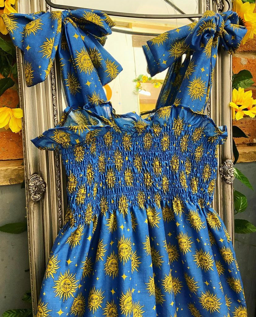 Shirred Tiered Cami Maxi Dress - Custom Teal Sun and Moon Fabric