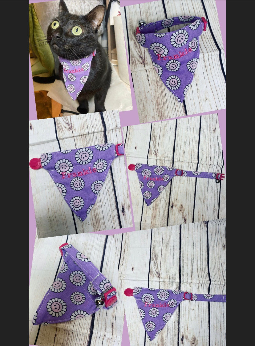 Cat Bandana, collar and name tag - purple Daisies fabric with embroidered name