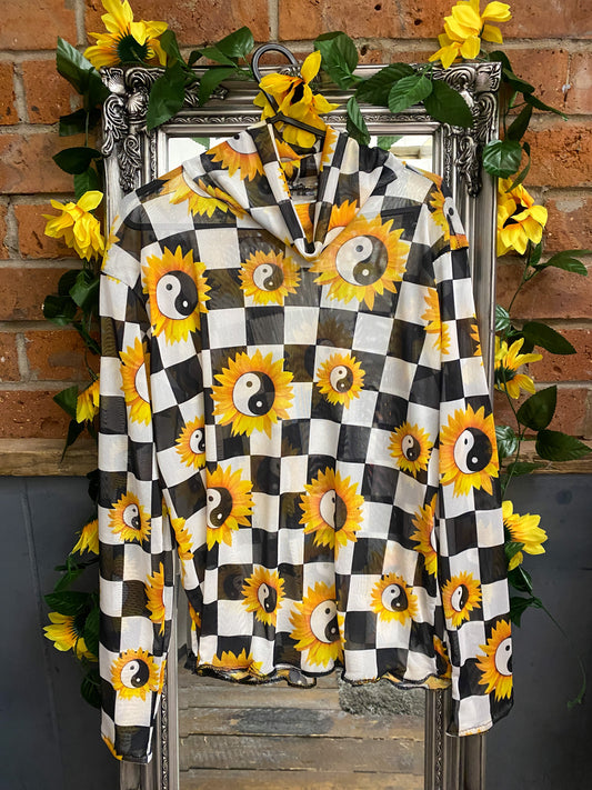 Mesh Turtleneck - Ying Yang Sunflower Checkerboard fabric