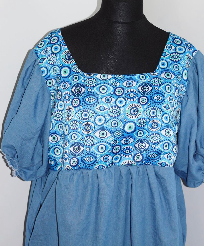 Puff Sleeve Panel Dress - Cotton Denim and Evil Eye silk fabric