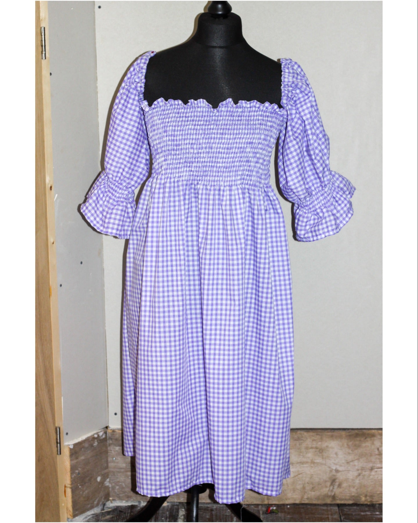 Shirred Puff Sleeve Dress - 100% Cotton, Purple Gingham (off the shoulder dress)